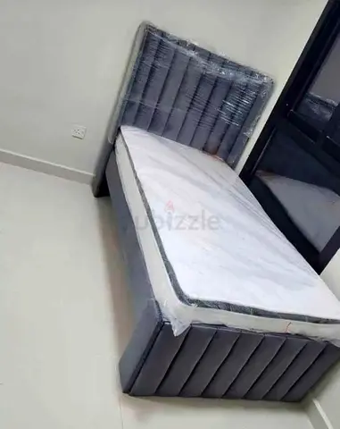 Single Upholstered Bed with Mattress - Grey, New