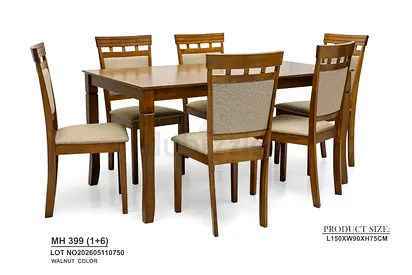 Walnut 6-Seater Dining Table Set (1+6) - Solid Wood Finish