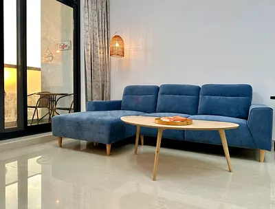 Blue L-shaped Fabric Sofa - Modern Minimal Design