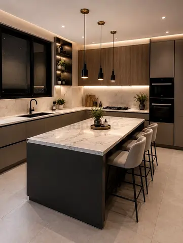 Modern Grey Kitchen Island with Marble Top and 3 Stools