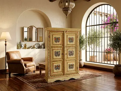 Hand-Painted Mediterranean Bone-Inlaid Style Armoire Cabinet