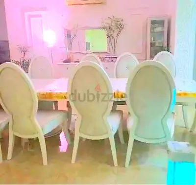 Complete White 8-Seater Dining Table with Upholstered Oval-Back Chairs Excellent condition.