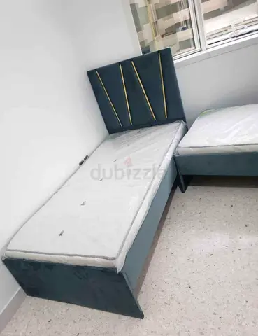 Modern Blue Velvet Single Bed with Decorative Gold Trim Headboard
