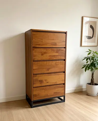Solid Wood 5-Drawer Tall Dresser with Metal Base - Natural Finish