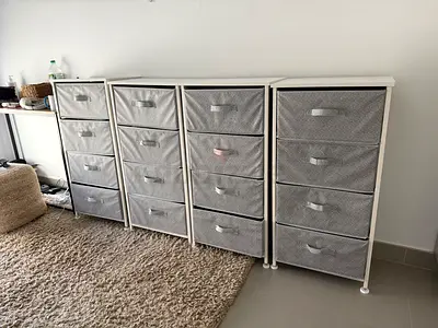 Set of 4 White Frame Storage Drawers with Fabric Bins - Good Condition