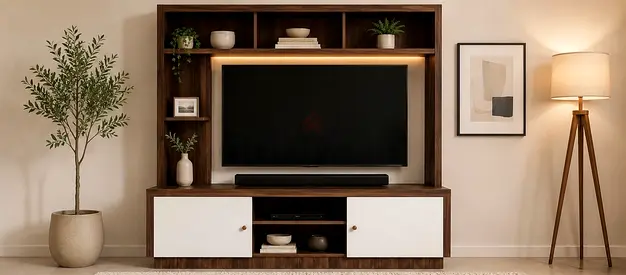 Wooden TV Entertainment Unit with Open Shelves and Closed Cabinets