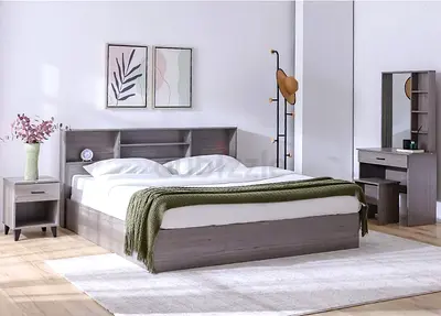 Grey Wooden Double Bed with Headboard Storage, Nightstand and Dresser Set