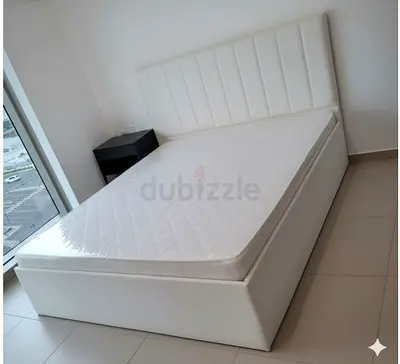White Upholstered Queen size 150cm by 190cm Bed with Headboard and Mattress