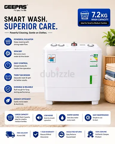 Geepas Twin Tub Washing Machine 7.2KG – Semi Automatic Ripple Pulsator Spin Dry GSWM6468 (White)