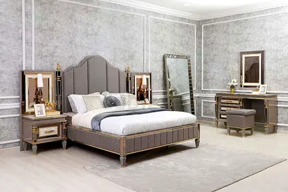 Elegant Grey Upholstered King Bed with Matching Nightstands and Dresser and Cupboards