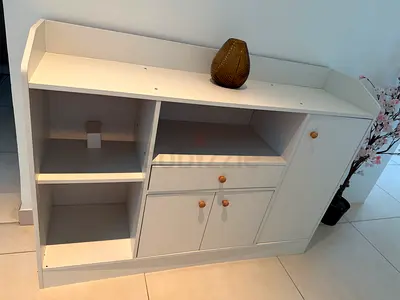 White Multi-Compartment Cabinet with Drawers and Shelves