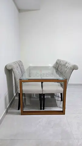 Glass Top Dining Table with 6 Upholstered Chairs - Light Grey