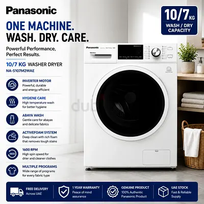 Panasonic 10/7 kg Washer Dryer – 1600 RPM Inverter Motor Abaya Wash Hygiene Care NA-S107M2WAE White