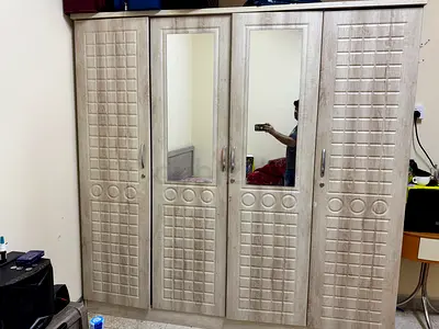 4-Door Wardrobe with Mirrors - Light Wood Finish, Good Condition