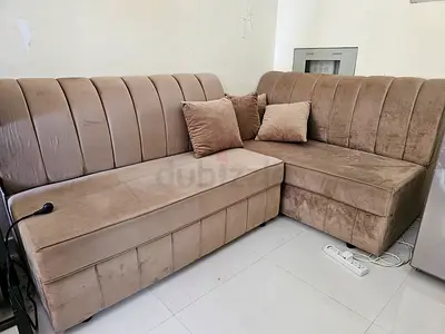 Beige L-shaped Velvet Corner Sofa — Good Condition