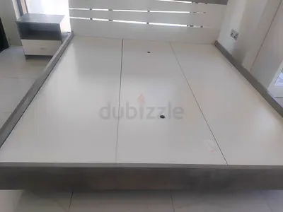 Modern Low Platform Bed Frame with Nightstand - White  Grey