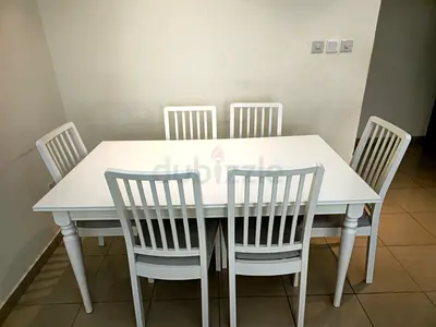 White 6-Seater Dining Table with Chairs - Clean, Solid Wood Look
