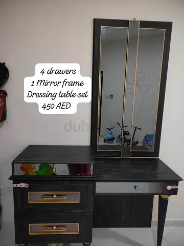 Dressing Table Set with Mirror and 4 Drawers - Dark Wood