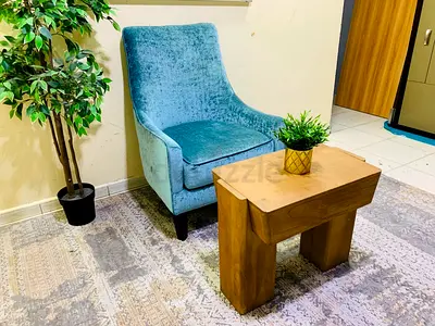 Single Velvet Accent Chair in Teal with Wooden Side Table