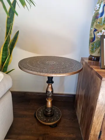 Two Solid Wood Side Table with Intricate Brass Inlay — Small Accent Table
