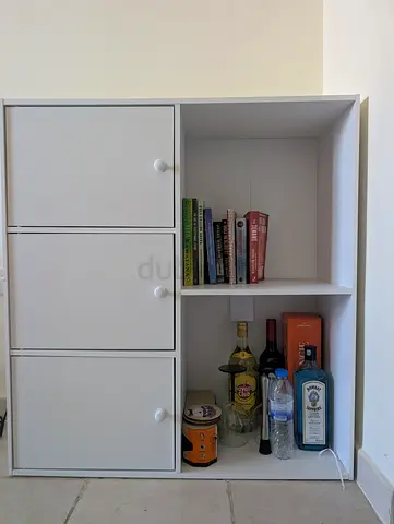 Move out sale- White 3-Door Storage Cabinet with Open Shelves - Compact Bookshelf/Bar Unit