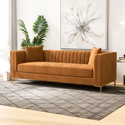 Modern Tan Velvet 3-Seater Sofa with Channel Tufting