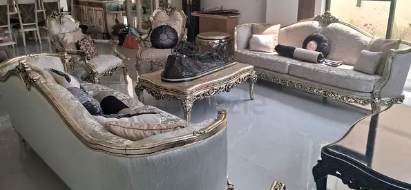 Elegant carved wooden living room sofa set with coffee table - classic style