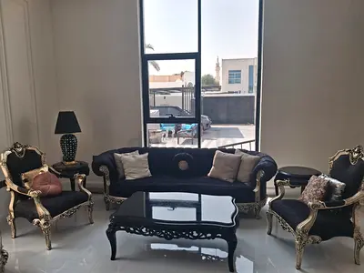Black and Gold Vintage-Style 3-Seater Sofa with Matching Armchairs and Coffee Table