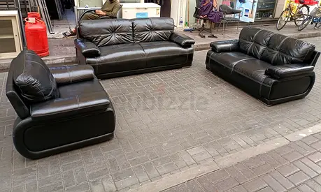 Black Leather 3-Piece Sofa Set — Good Condition