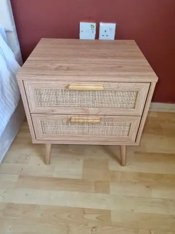 Wooden Two-Drawer Rattan Front Bedside Table / Nightstand