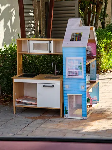 Wooden Play Kitchen with Attached Dollhouse - Good Condition