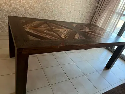 Modern Wooden Dining Table with Geometric Inlay
