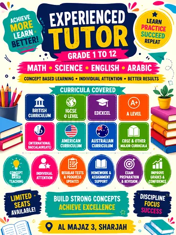 EXPERIENCED FEMALE TUTOR | MATH • SCIENCE • ENGLISH • ARABIC | GRADE 1–12