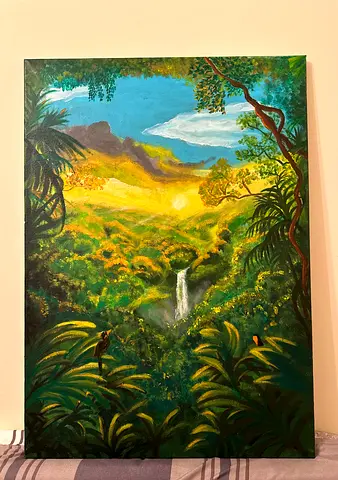 Hand-Painted Acrylic Landscape on Canvas – Nature  Waterfall Artwork
