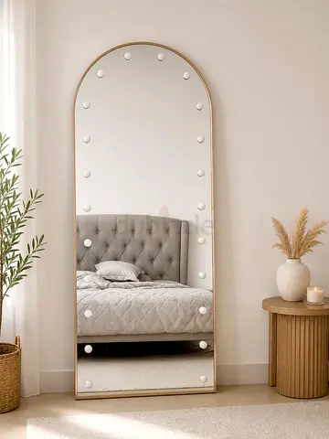 Full-length Arched Floor Mirror with bulbs - Three light setting. Warm neutral and bright