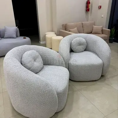 Brand New Pair of Modern Curved Bouclé Armchairs - Light Grey