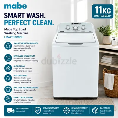 Mabe 11 kg Top Load Washing Machine – Fully Automatic Smart Wash Auto Clean LMA71113CBCU (White)