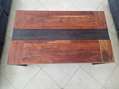 Solid Wood Coffee Table with Carved Center Inlay