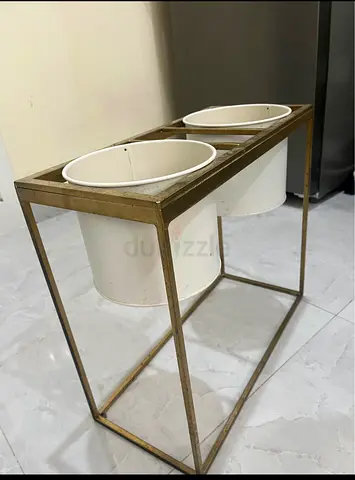 Brass Finish Double Planter Stand with Removable White Pots