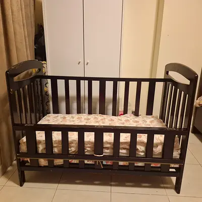Dark Wood Baby Crib with Mattress - Good Condition