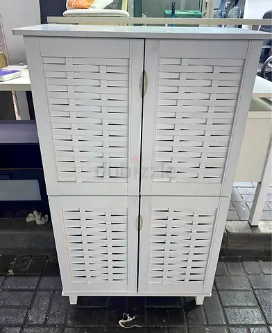 White Woven-Style Storage Cabinet - 4 Door, Compact