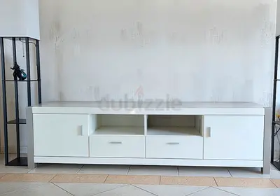 White TV Cabinet / Entertainment Unit - Low Profile, 2 Doors + 2 Drawers