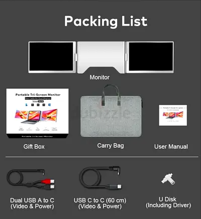 Portable Triple-Screen Monitor with Carry Bag  Cables (Dual USB-C/USB-A)