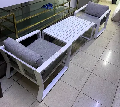 White Outdoor/Indoor Aluminum Lounge Set — 2 Armchairs + Coffee Table