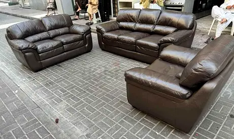 Brown Leather 3-Seater Sofa + 2-Seater and Armchair Set - Good Condition
