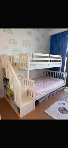 White Wooden Bunk Bed with Stairs and Storage - 2 mattress included- Good Condition