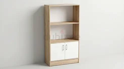 Light Wood Open Bookcase with Lower Cabinet — 3-Tier Storage