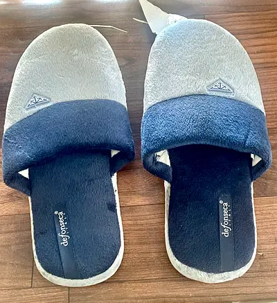 Mens Grey  Navy Plush Slide Slippers - Size 43