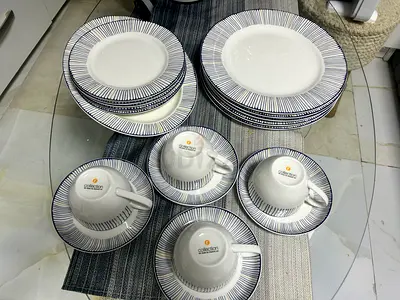 Used 20-piece Porcelain Dinnerware Set with Cups and Saucers - Blue Striped Pattern