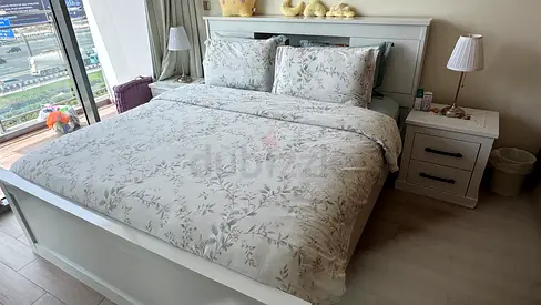 Full Bedroom, bed wooden frame, Pair of white bedside tables (2), dressing counter- Good condition